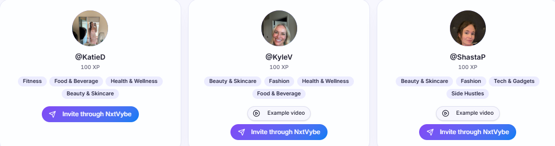 NxtVybe creator directory with verified creators to invite