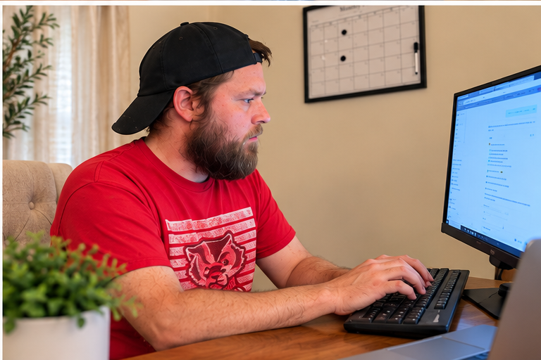 Dustin working on NxtVybe at the dining room table