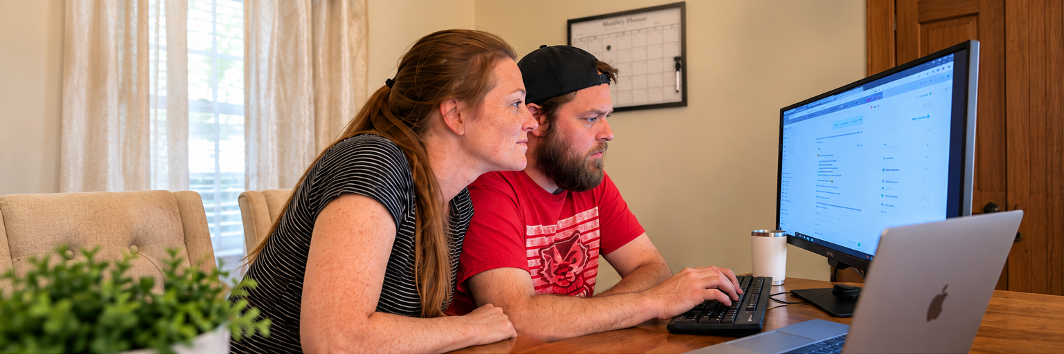 Dustin and Brittany working on NxtVybe together at their dining room table